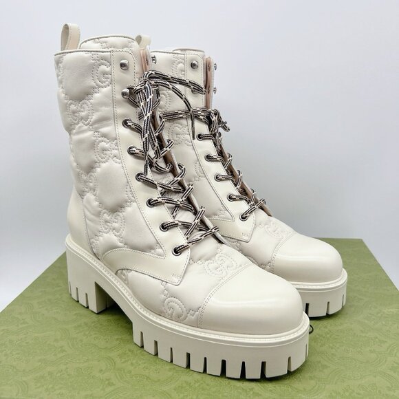 Gucci Marmont GG Interlock Embossed Lace Up Boots White Leather Platform EU 40.5 - Picture 3 of 13